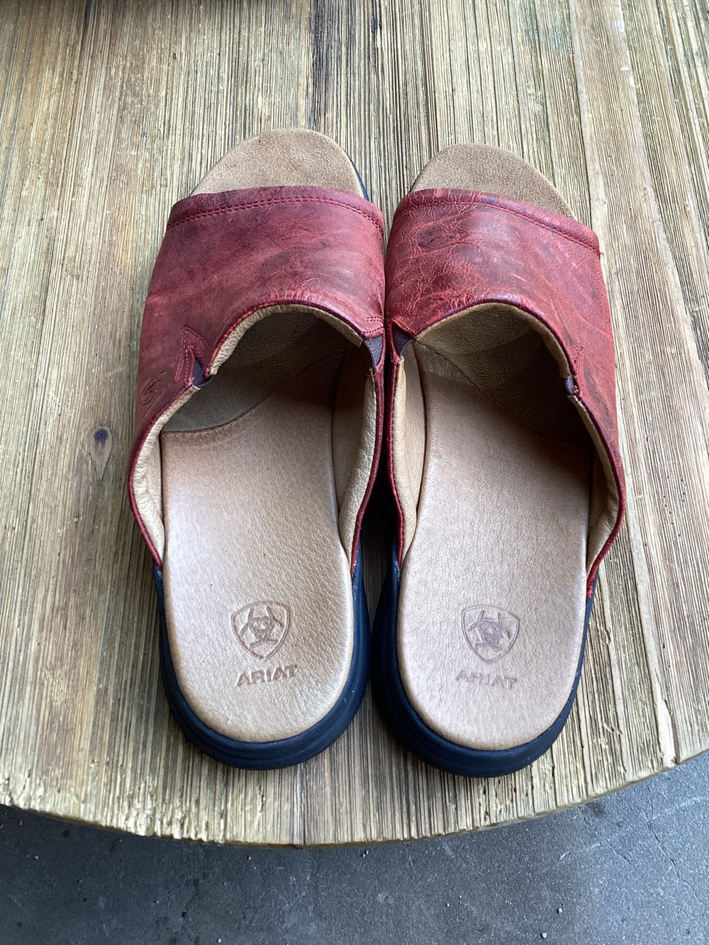 Ariat women’s Red Leather Slide Sandals with Tan Footbed and Black Outsole